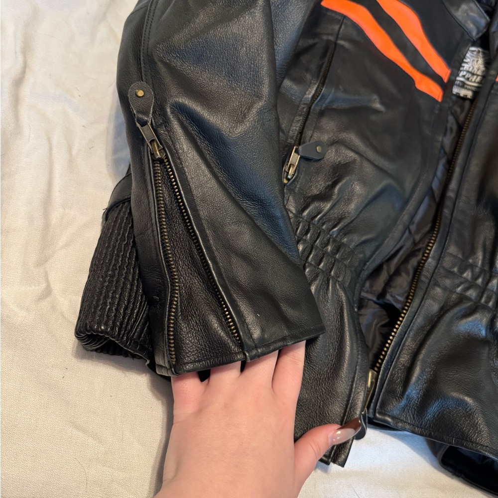 Black and Orange Leather Bomber Jacket - Picture 2 of 4